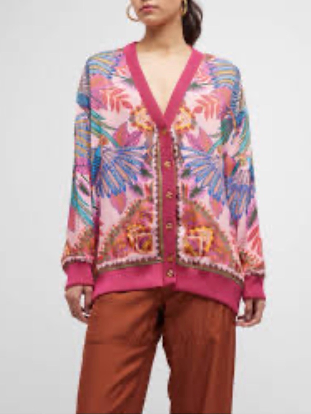 FARM Rio Macaw Scarf Print Pink Multicolor Botanical V-Neck Button Cardigan S - Picture 2 of 8